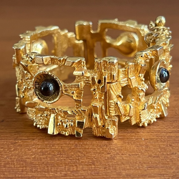 Vintage Rare Brutalist Bracelet Robert Larin 1960s Modernist Gold Plated Pewter - Picture 1 of 14